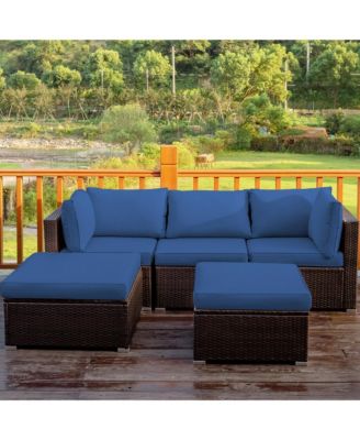 5PCS Rattan Patio Conversation Set Outdoor Furniture Set w/ Ottoman Navy Cushion