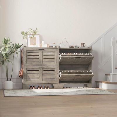 "Shoe cabinet with 2 flip drawers, freestanding slim organizer with hooks, narrow hidden shoe storage for entryway."