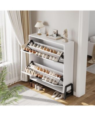 Narrow Hidden Shoe Storage Organizer with Top Decor Shelf Modern Shoe Cabinet with 2 Flip Drawers for Entryway and Hallway