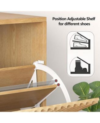 Slim Fluted Shoe Cabinet for Entryway Freestanding Narrow Shoe Storage with 2 Flip Drawers Open Bottom Shelf and Side Hooks for Foyer and Hall