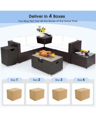 6 PCS Outdoor Rattan Sectional Sofa Set Patio Sofa & Fire Table Set  w/ Storage Box