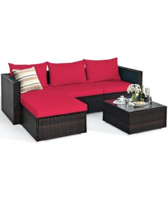 5PCS Cushioned Rattan Patio Conversation Set with Ottoman Red Cushion