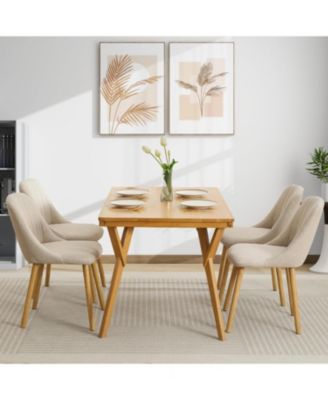Dining Chairs Set of 6, Upholstered Fabric Chairs with Curved Back & Oak Legs, Beige