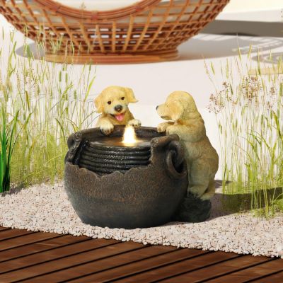 Puppy Love Farmhouse Resin Outdoor Fountain with Lights