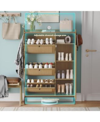 "Shoe cabinet with 3 flip drawers, rattan freestanding organizer with adjustable shelves and metal knob, narrow shoe rack for entryway."