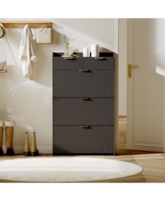 Modern Natural 3 Flip Drawer Shoe Cabinet with 2 Small Drawers & Hook – Slim Entryway Organizer