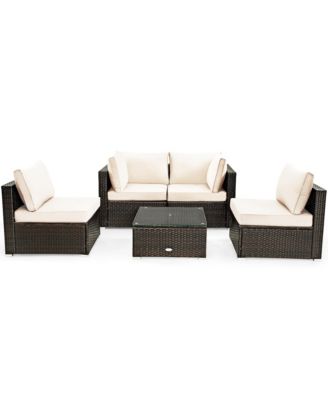 5PCS Rattan Patio Conversation Set Sofa Furniture Set w/ White Cushions
