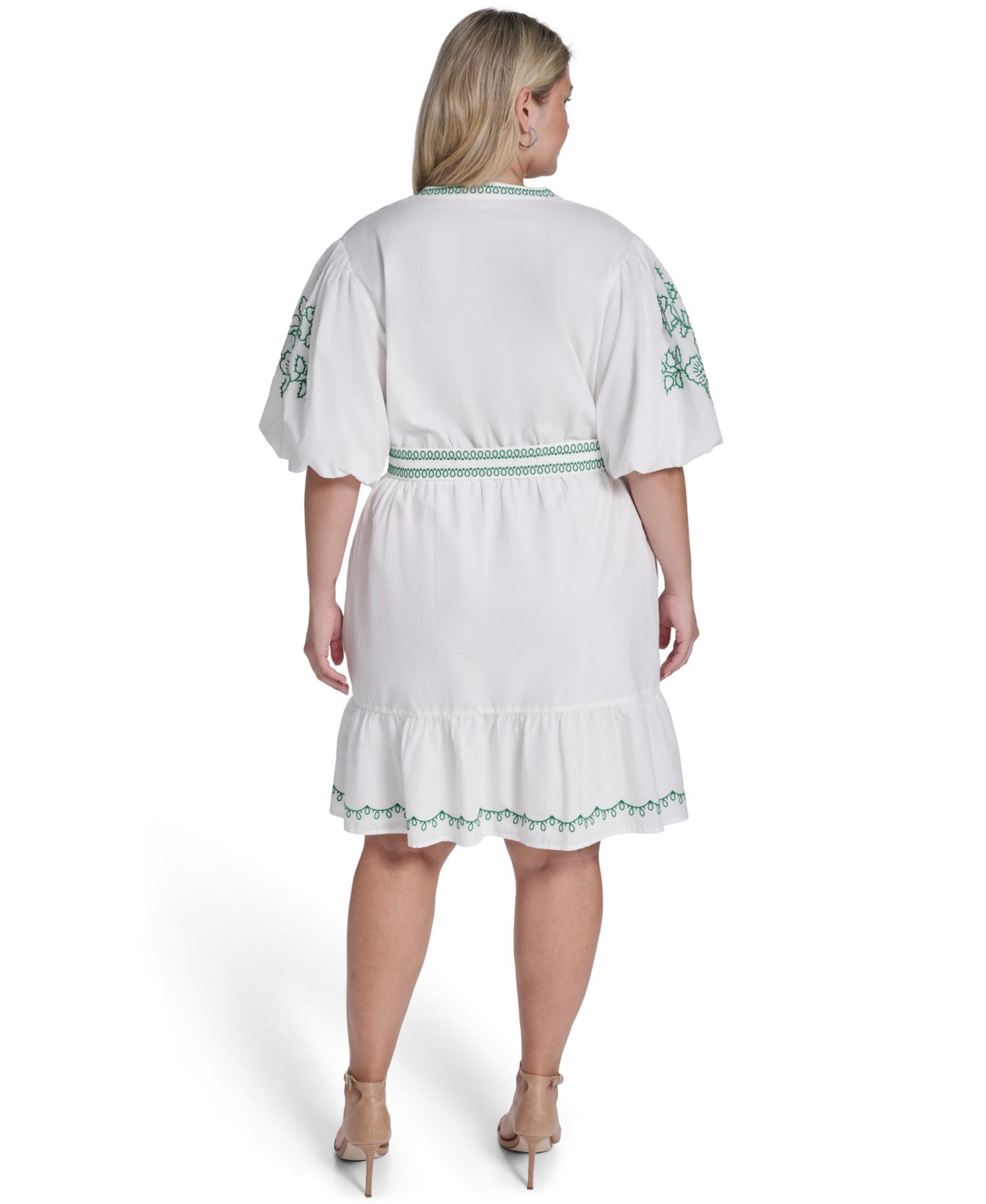 Plus Size Puff-Sleeve Embroidered Dress