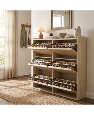 Shoe Cabinet with 6 Flip Drawers Narrow Cabinet with Adjustable and Removable Shelves Modern Wooden Shoe Organizer with Hidden Handle