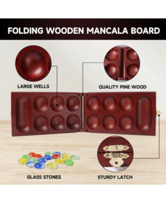 Folding Wooden Mancala Board Game with  Glass Stone and Storage Bag
