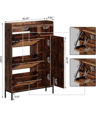 Shoe Cabinet with 3 Flip Drawers Rattan Freestanding Organizer with Adjustable Shelves Metal Knob Narrow Shoe Rack Cabinet