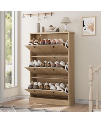 Shoe Cabinet with 3 Flip Drawers Modern Fluted Cabinet with Adjustable Shelves Freestanding Wooden Shoe Organizer