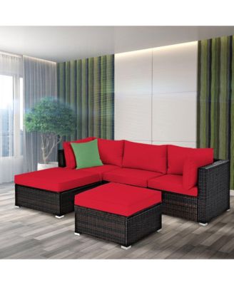 5PCS Rattan Patio Conversation Set Outdoor Furniture Set w/ Ottoman Cushion