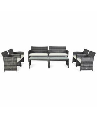 8PCS Patio Outdoor Rattan Furniture Set w/ Cushioned Chair Loveseat Table