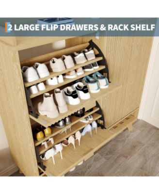 Fluted Shoe Cabinet Storage with 2 Flip Drawers and Sliding Door and Adjustable Shelf Rack Freestanding Wood Narrow Hidden Shoe Organizer