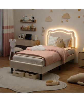 Twin Upholstered Bed Frame with Smart LED and Adjustable Bear Headboard, Velvet Princess Platform Bed, Wooden Slats Support Kids Bed