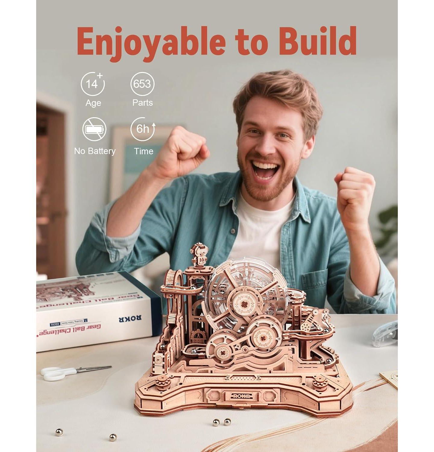 Детский конструктор Robotime Gear Ball Challenge 3D Wooden Puzzle 553-Piece Building Set, Ages 14 & Up, цвет: Светлый бежевый — фото 7