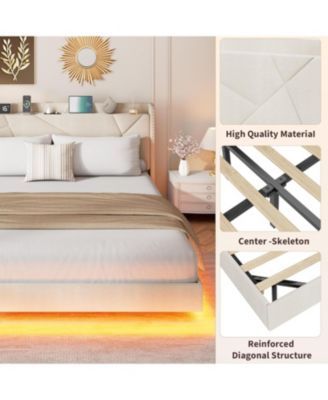 Floating Bed Frame with LED Lights & Charging Station, Upholstered Platform Beds with Storage Headboard & Folding Shelves Storage