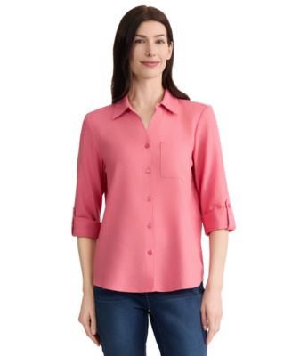 Petite Collared Neck Button-Front Tunic Top