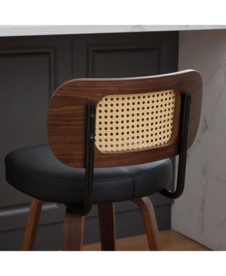 Set of 3 Mid-Century Modern Swivel Bar Stool with Cane Back, Walnut Wood Frame and 360° Swivel Seat