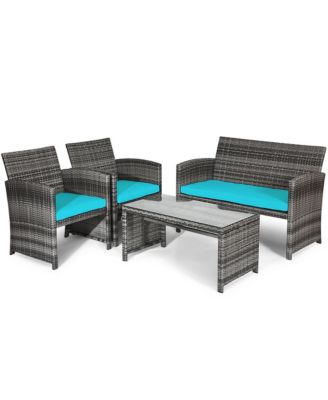 8PCS Patio Outdoor Rattan Conversation Furniture Set w/ Turquoise Cushion