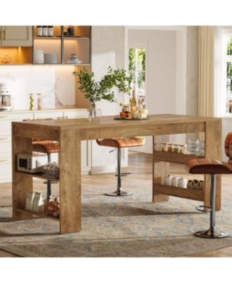 63-Inch Kitchen Island with Storage, Farmhouse Home Bar Table with Double-Sided Storage Shelves, Large Stationary Island Table