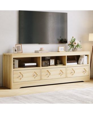 70in TV Stand for TVs Up to 85", Mid Century Modern Entertainment Center with Storage Engraving Drawer and Open Shelves