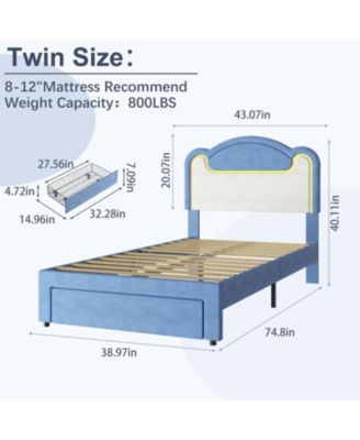 Size Upholstered Bed Frame with LED Lights & Storage Drawers, Fabric Headboard & Wood Slats, No Box Spring Needed, Princess Bed for Girls