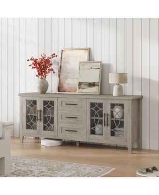 Farmhouse TV Stand with Glass Door for 70 Inch Tv, Mid Century Modern Entertainment Center for Living Room