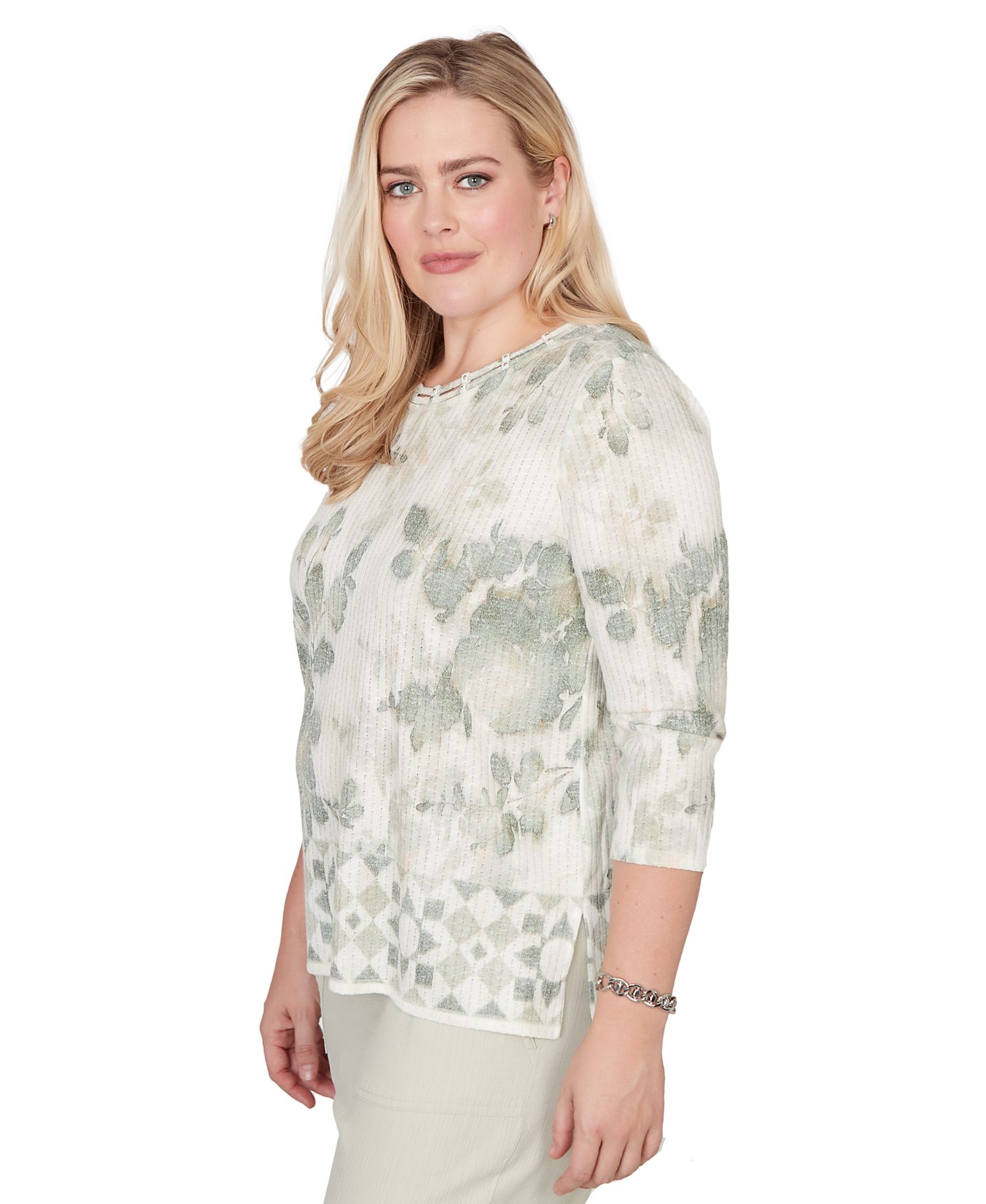 Petite Charm Floral Tonal Border Embellished Crew Neck Top