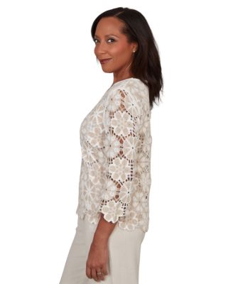 Petite Floral Crochet 3/4-Length-Sleeve Top