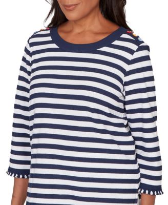 Petite Port Side Pique Stripe Button Detail Crew Neck Top