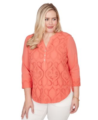 Petite Resort Living Textured Lace Scroll Split Neck Henley Top