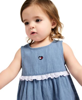 Baby Girls' Lace Trim Denim A-line Dress and Diaper Cover, 2-Piece Set