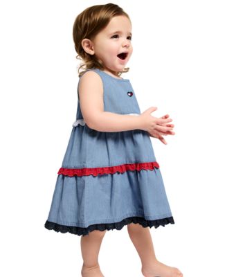 Baby Girls' Lace Trim Denim A-line Dress and Diaper Cover, 2-Piece Set