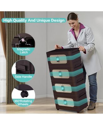 Retro Folding Storage Cabinet, 5 Tiers, Collapsible with Wheels