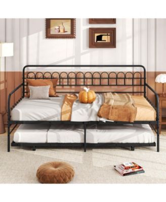 Daybed with Trundle Curved Backrest & Armrests Heavy-duty Metal Slats