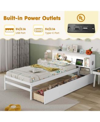 Twin Size Bed Frame with LED Light & Power Outlet Bookcase Headboard Drawers