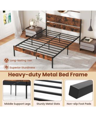 Queen Size Bed Frame with Wooden Headboard Under-Bed Storage No Box Spring Needed