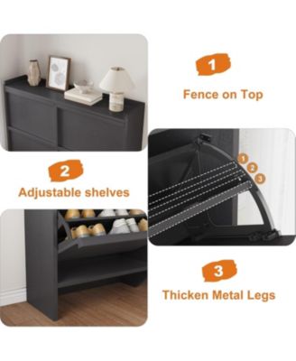 Shoe Cabinet with 4 Flip Drawers Narrow Cabinet with Adjustable and Removable Shelves Modern Wooden Shoe Organizer with Hidden Handle