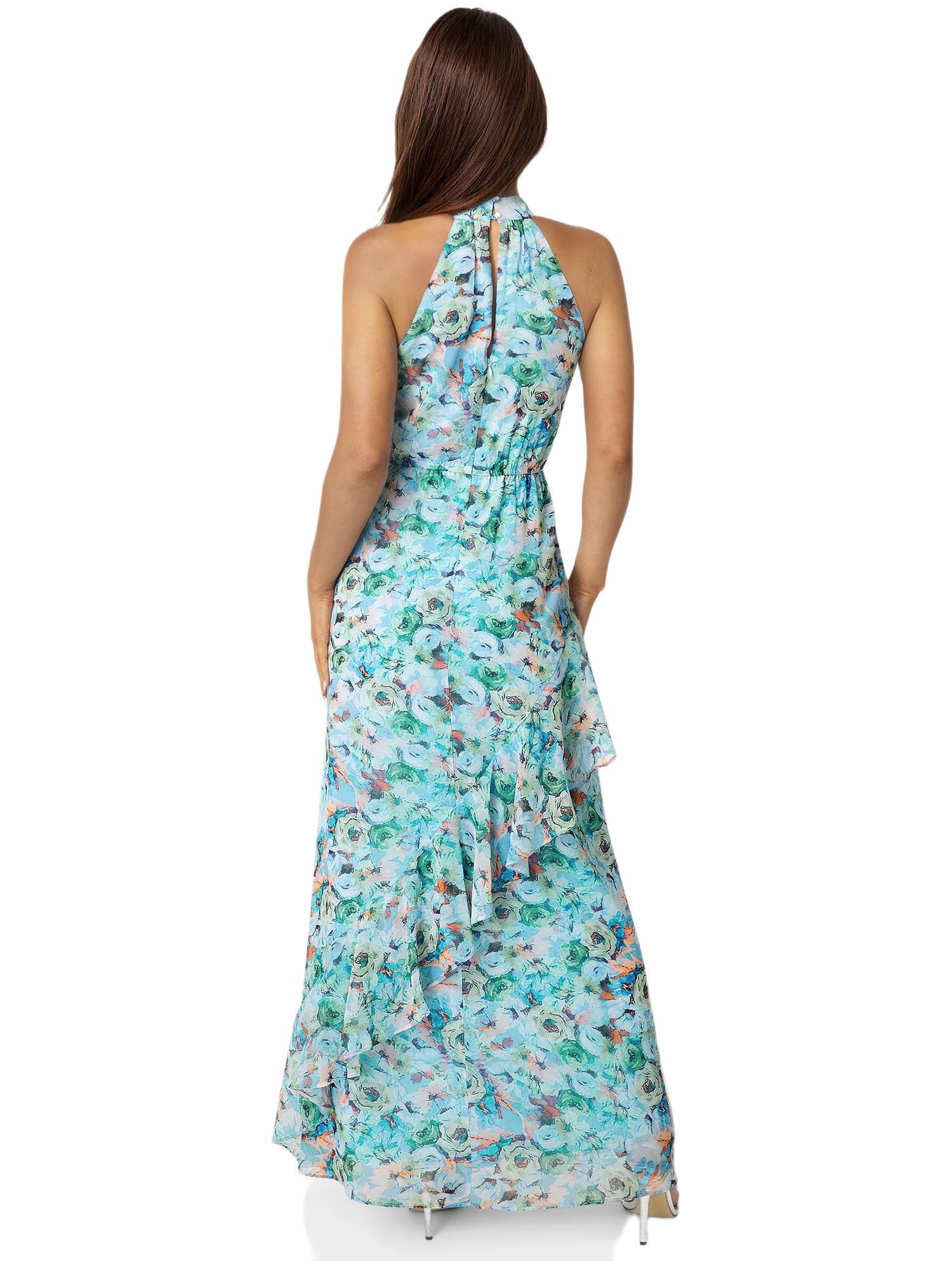 Womens Printed Chiffon Halter Ruffle Dress
