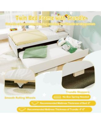 Twin Size Bed Frame with Trundle & Power Outlet Bookcase Headboard Sliding Doors