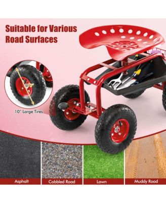 Garden Cart Patio Wagon Rolling Work Seat with Tool Tray Basket Planting