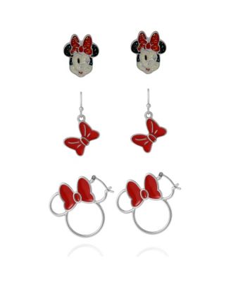 Minnie Mouse Bow Earring Set, 3 Pairs (Hoops, Drops & Studs), Silver Tone