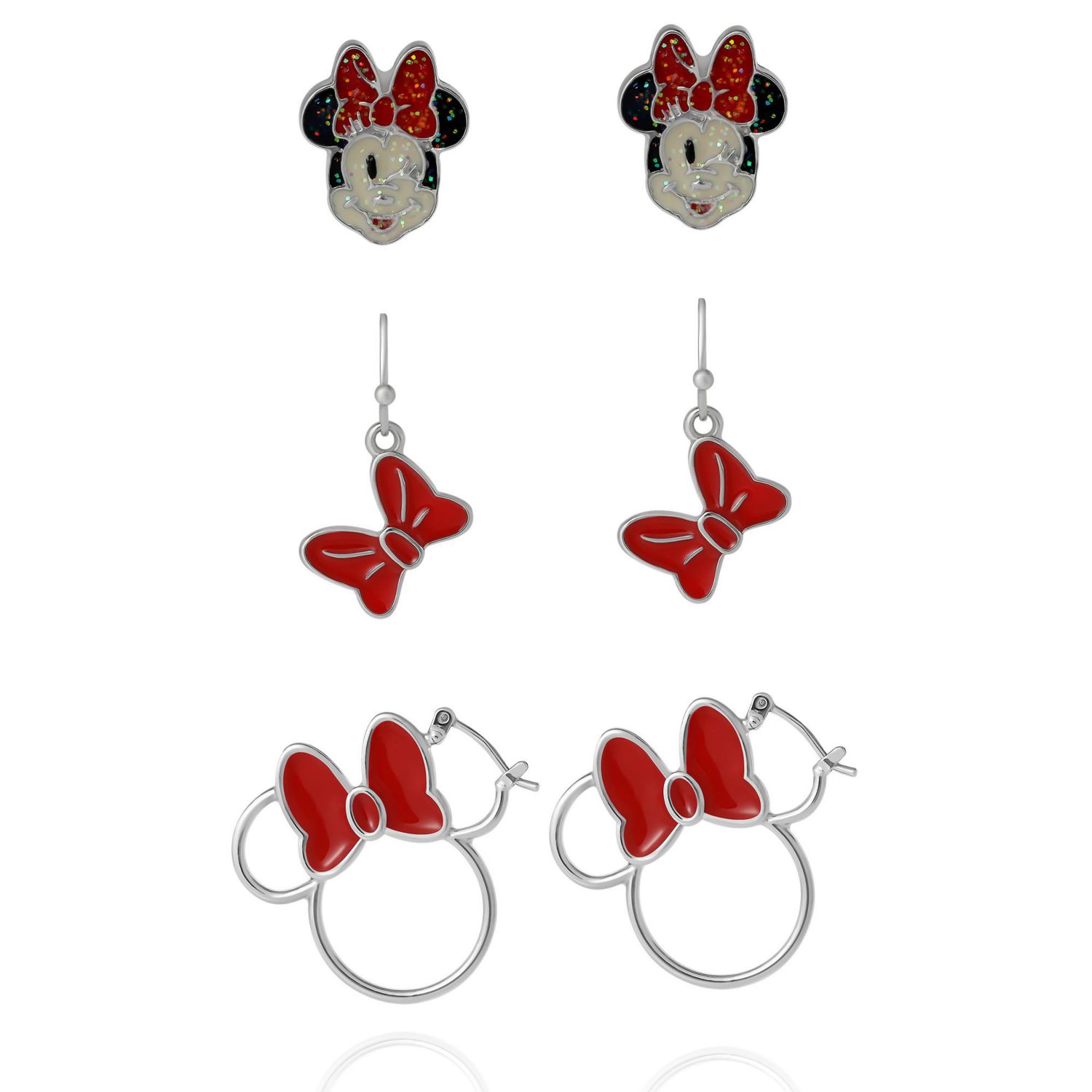 Minnie Mouse Bow Earring Set, 3 Pairs (Hoops, Drops & Studs), Silver Tone