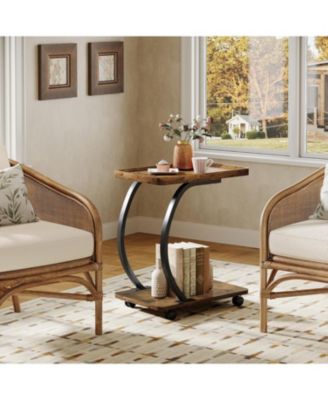 C-Shaped End Table, Industrial 2-Tier Small Side Table with Wheels, Wood Bedside Snack Couch Table with Metal Frame.