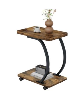 C-Shaped End Table, Industrial 2-Tier Small Side Table with Wheels, Wood Bedside Snack Couch Table with Metal Frame.