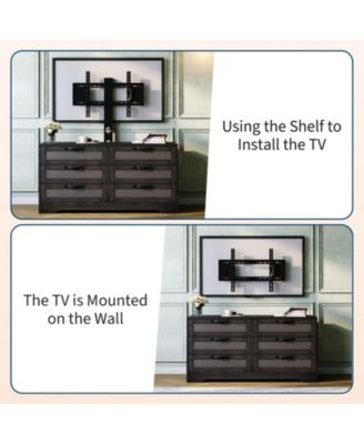 TV Stand with Mount, 47.2" Modern Entertainment Center 6-Drawer Rattan Dresser for 32-85 Inch TVs
