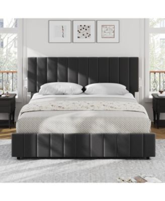 King Upholstered Bed Frame 4 Storage Drawers Adjustable Headboard Wooden Slats Support No Box Spring
