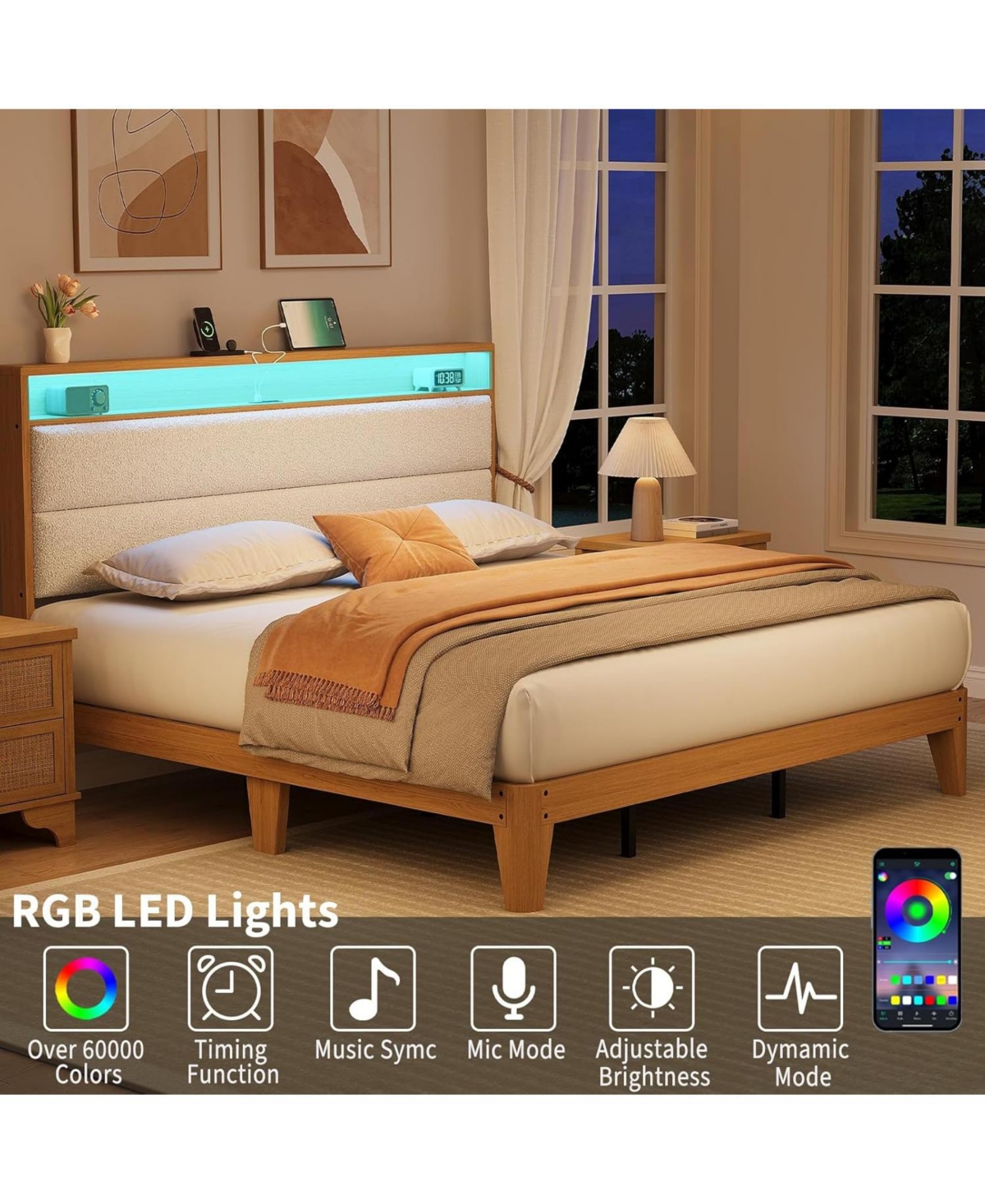 gaomon King Boucle Bed Frame, Frame with Rgb Led Light & Charging Station